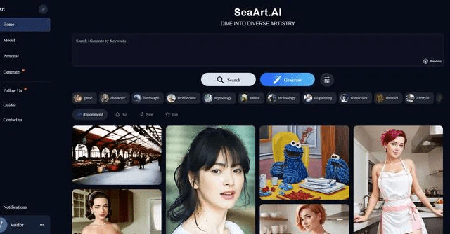 SeaArt AI platform showcasing powerful rendering engine and rich model library for creating stunning AI art.